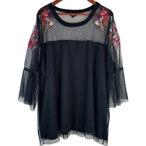 Torrid Black Floral Embroidered Sheer Babydoll Blouse Size 4X Girlcore Organza